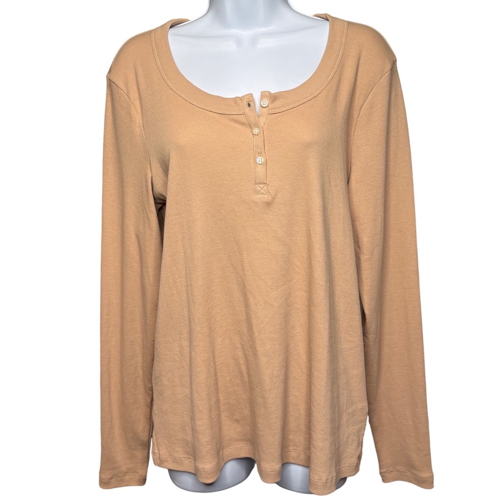 PACT Womens Tan Organic Cotton Henley Long Sleeve Top XL Minimalist Sustainable